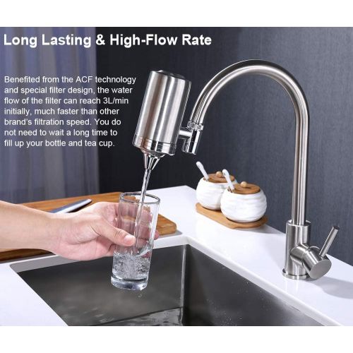  [아마존핫딜][아마존 핫딜] ESOW Faucet Mount Water Filter, SUS304 Stainless Steel Reduce Chlorine,Lead,BPA Free, Water Purifier with 7-Layer UF+ACF Filtration System, Fits Standard Faucets (2 Filter Cartridg