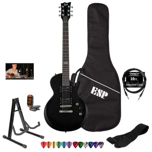  ESP LTD EC10KIT-BLK Electric Guitar with Lesson, ESP Gig Bag, ChromaCast 10’ Cable, Strap, Stand, Tuner and Picks