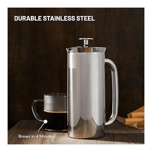  ESPRO - P7 French Press - Double Walled Stainless Steel Insulated Coffee and Tea Maker with Micro-Filter - Keep Drinks Hotter for Longer, Perfect for Home (Polished Stainless Steel, 32 Oz)