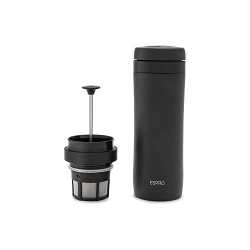  ESPRO P1 Double Walled Stainless Steel Vacuum Insulated Travel Coffee French Press, 12 Ounce, Matte Meteorite Black