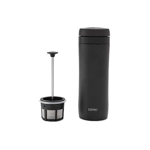  ESPRO P1 Double Walled Stainless Steel Vacuum Insulated Travel Coffee French Press, 12 Ounce, Matte Meteorite Black