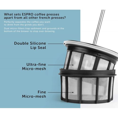  [아마존베스트]ESPRO P7 Double Walled Stainless Steel Insulated Coffee French Press, 18 Ounce, Brushed Stainless Steel