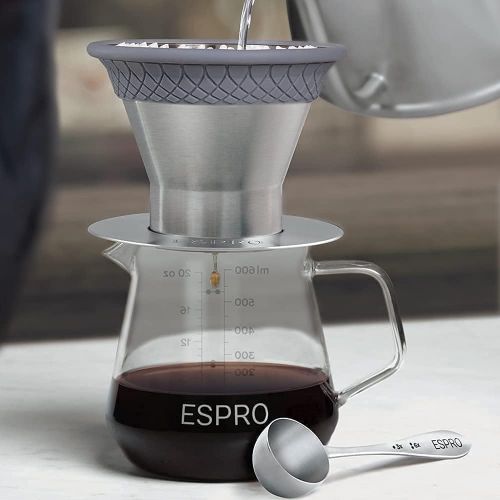  ESPRO BLOOM Pour Over Coffee Brewing Kit - Dual Filter Mode Makes Coffee in 2 Minutes, with Premium Borosilicate Glass Carafe, Stainless Steel Measuring Scoop and 50 Paper Filters