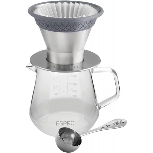  ESPRO BLOOM Pour Over Coffee Brewing Kit - Dual Filter Mode Makes Coffee in 2 Minutes, with Premium Borosilicate Glass Carafe, Stainless Steel Measuring Scoop and 50 Paper Filters