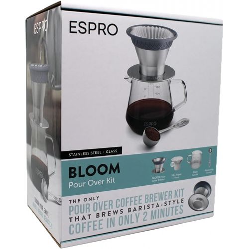  ESPRO BLOOM Pour Over Coffee Brewing Kit - Dual Filter Mode Makes Coffee in 2 Minutes, with Premium Borosilicate Glass Carafe, Stainless Steel Measuring Scoop and 50 Paper Filters