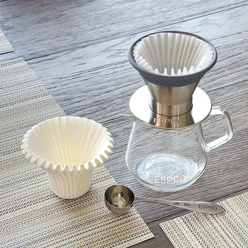  ESPRO BLOOM Pour Over Coffee Brewing Kit - Dual Filter Mode Makes Coffee in 2 Minutes, with Premium Borosilicate Glass Carafe, Stainless Steel Measuring Scoop and 50 Paper Filters