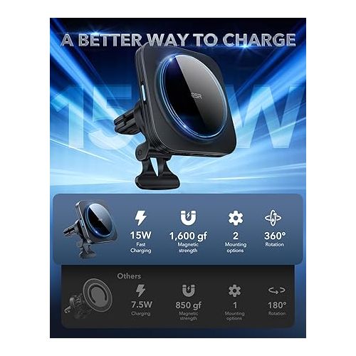  ESR for MagSafe Car Mount Charger (HaloLock), 15W Magnetic Wireless Car Charger, Compatible with MagSafe Car Charger, Air Vent/Dashboard Phone Holder Mount for iPhone 15/14/13/12, Fast Charging, Black