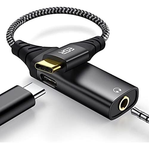  [아마존베스트]ESR 2-in-1 USB C headphone adapter nylon cable with charging port, supports fast charging, type C to 3.5 mm audio adapter compatible with Galaxy S20/S10/Note 10, iPad Pro 2018 and