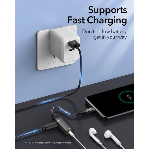  [아마존베스트]ESR 2-in-1 USB C headphone adapter nylon cable with charging port, supports fast charging, type C to 3.5 mm audio adapter compatible with Galaxy S20/S10/Note 10, iPad Pro 2018 and