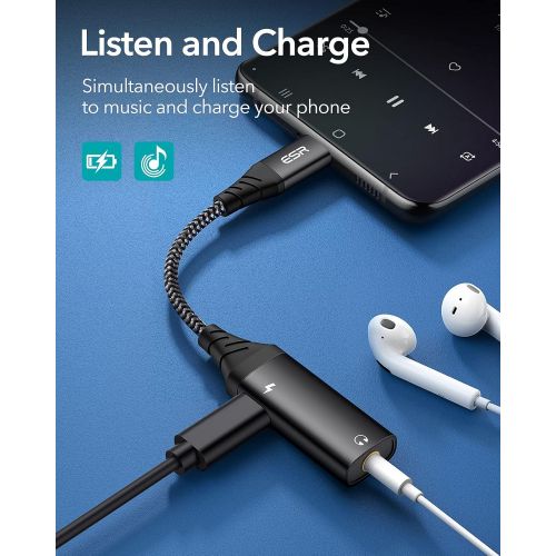  [아마존베스트]ESR 2-in-1 USB C headphone adapter nylon cable with charging port, supports fast charging, type C to 3.5 mm audio adapter compatible with Galaxy S20/S10/Note 10, iPad Pro 2018 and