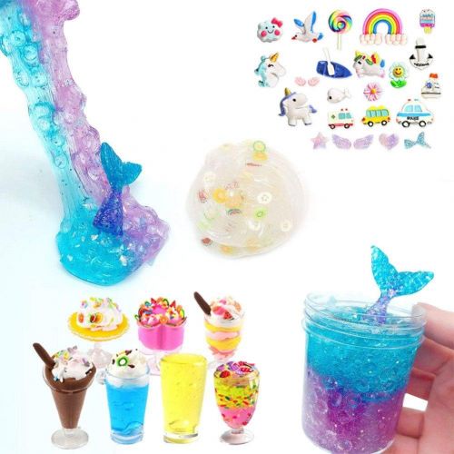  [아마존베스트]ESSENSON Slime Kit - Slime Supplies Slime Making Kit for Girls Boys, Kids Art Craft, Crystal Clear Slime, Glitter, Unicorn Slime Charms, Fruit Slices, Fishbowl Beads Girls Toys Gifts for Ki