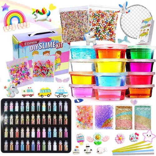  [아마존베스트]ESSENSON Slime Kit - Slime Supplies Slime Making Kit for Girls Boys, Kids Art Craft, Crystal Clear Slime, Glitter, Unicorn Slime Charms, Fruit Slices, Fishbowl Beads Girls Toys Gifts for Ki