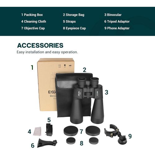  ESSLNB Giant Binoculars Astronomy 15X70 with Phone Adapter Tripod Adapter and Carrying Bag FMC Waterproof Binoculars for Adults Kids