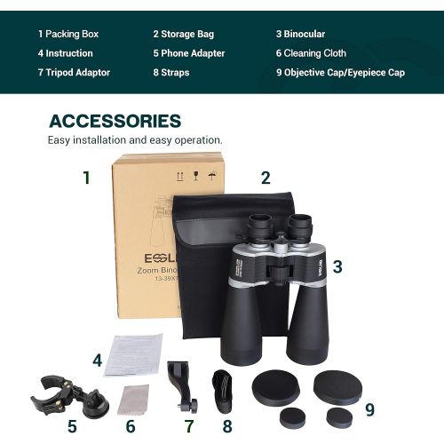  ESSLNB Astronomy Binoculars 13-39X70 Zoom Giant Binoculars with Tripod Adapter Phone Adapter and Case Binoculars for Bird Watching Hunting and Stargazing