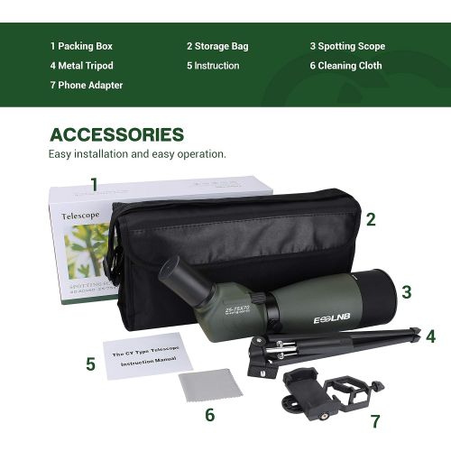  ESSLNB Spotting Scope with Tripod Phone Adapter 25-75 X 70 BAK4 Monocular Telescope 45 Degree Angled Waterproof Compact Spotting Scopes for Target Shooting Hunting Bird Watching