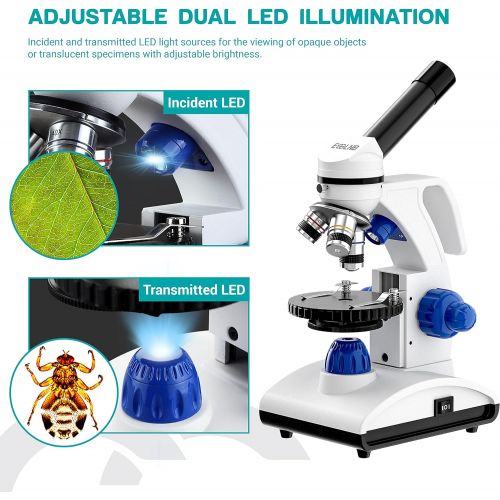  [아마존베스트]ESSLNB Microscope 1000X Student Microscope for Kids LED Biological Light Microscope with Slides and Phone Adapter All-Metal Optical Glass Lenses