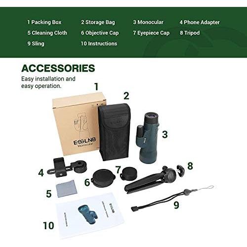  [아마존베스트]ESSLNB Monocular Telescope 12 x 50 with Mobile Phone Adapter and Extendable Tripod IPX7 Waterproof Shockproof BAK4 Prism Green FMC for Bird Watching Hunting Camping