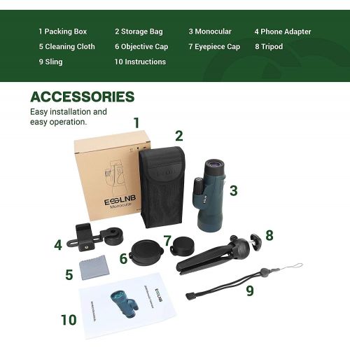  [아마존베스트]ESSLNB Monocular Telescope 12 x 50 with Mobile Phone Adapter and Extendable Tripod IPX7 Waterproof Shockproof BAK4 Prism Green FMC for Bird Watching Hunting Camping