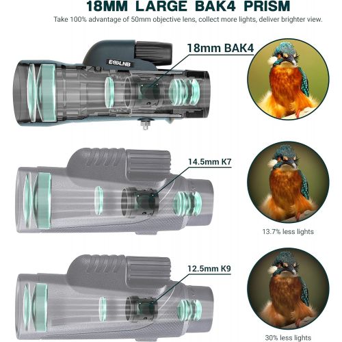  [아마존베스트]ESSLNB Monocular Telescope 12 x 50 with Mobile Phone Adapter and Extendable Tripod IPX7 Waterproof Shockproof BAK4 Prism Green FMC for Bird Watching Hunting Camping
