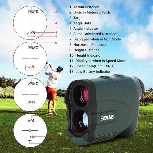  ESSLNB Golf Range Finders with Slop,Flag-Lock Pulse Vibration Scanning Horizontal Distance Height Speed Angle Measurement 660 Yards 7X Waterproof Rangefinder with Case for Hunting,