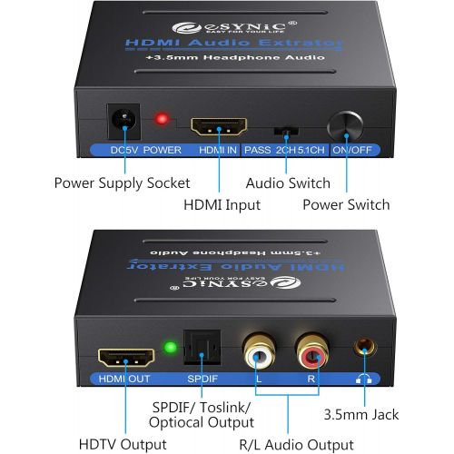  [아마존베스트]eSynic 1080P HDMI Audio Extractor HDMI to HDMI + Optical TOSLINK SPDIF + Analog RCA L/R +3.5mm Jack Stereo Audio Video Splitter Converter with Power ON/OFF Switch Support Full HD10