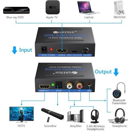  [아마존베스트]eSynic 1080P HDMI Audio Extractor HDMI to HDMI + Optical TOSLINK SPDIF + Analog RCA L/R +3.5mm Jack Stereo Audio Video Splitter Converter with Power ON/OFF Switch Support Full HD10