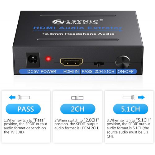  [아마존베스트]eSynic 1080P HDMI Audio Extractor HDMI to HDMI + Optical TOSLINK SPDIF + Analog RCA L/R +3.5mm Jack Stereo Audio Video Splitter Converter with Power ON/OFF Switch Support Full HD10