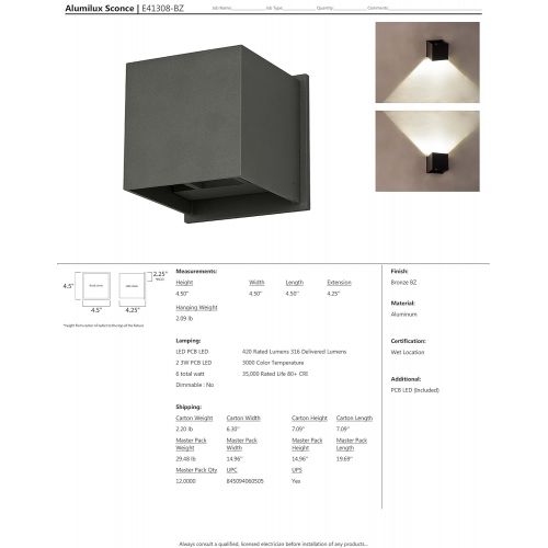  ET2 Lighting ET2 E41308-BZ Alumilux LED Outdoor Wall Sconce, Bronze Finish, Glass, PCB LED Bulb, 40W Max., Wet Safety Rated, 3000K Color Temp., Shade Material, 720 Rated Lumens