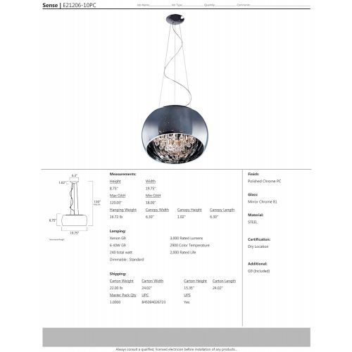  ET2 Lighting ET2 E21206-10PC Sense 6-Light Single Pendant, Polished Chrome Finish, Mirror Chrome Glass, G9 Xenon Bulb, 40W Max., Dry Safety Rated, Glass Shade Material, 750 Rated Lumens