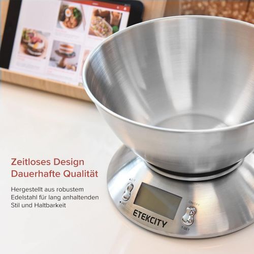  ETEKCITY Etekcity Kuechenwaage Digitalwaage Professionelle Waage aus Edelstahl mit 2,15 Liter abnehmbarer Schuessel, 5kg/11lb Elektronische Waage, Raumtemperaturanzeige und Timer fuer Backen &