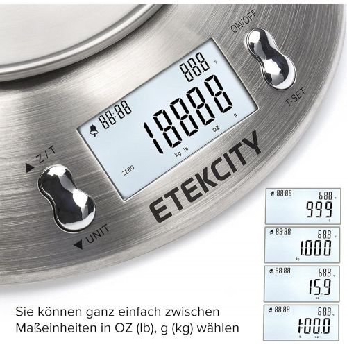  ETEKCITY Etekcity Kuechenwaage Digitalwaage Professionelle Waage aus Edelstahl mit 2,15 Liter abnehmbarer Schuessel, 5kg/11lb Elektronische Waage, Raumtemperaturanzeige und Timer fuer Backen &