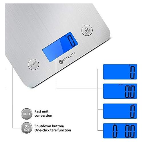  ETEKCITY Etekcity Kuechenwaage Digitalwaage, Elektronische Waage aus Edelstahl 5kg/11lb(1g/0.1oz), Briefwaage Feinwaage mit 30% groesserer Plattform, Ultraduenne Kuechenwaage, Fluessigkeit ml, LC