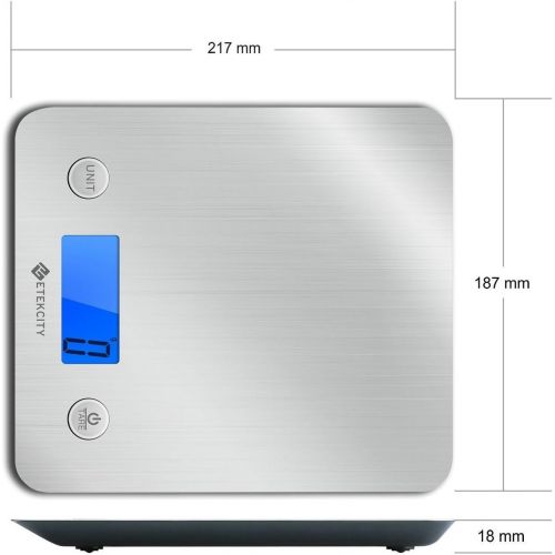  ETEKCITY Etekcity Kuechenwaage Digitalwaage, Elektronische Waage aus Edelstahl 5kg/11lb(1g/0.1oz), Briefwaage Feinwaage mit 30% groesserer Plattform, Ultraduenne Kuechenwaage, Fluessigkeit ml, LC