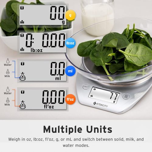  ETEKCITY Kuechenwaage Digitalwaage Elektronische Waage mit Abnehmbarer Schuessel, 5KG/11lb, Kuechenwaage aus Edelstahl, Prazise Waage auf bis zu 1g mit Grossem LCD-Display und Tara-Fun