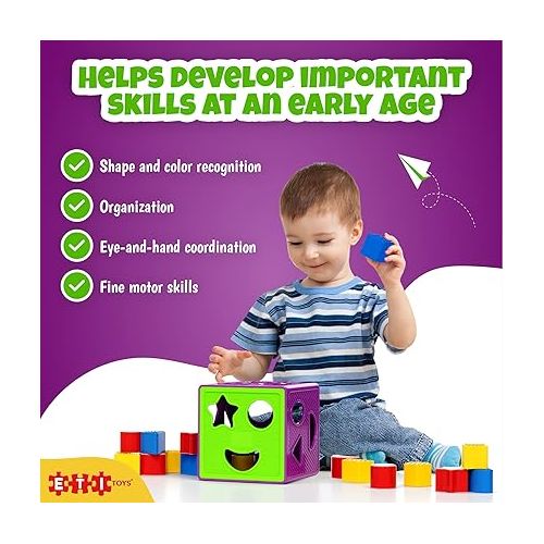  ETI Toys, 19 Piece Unique Educational Sorting & Matching Toy for Toddlers. Colorful Sorter Cube Box & Shapes, 100 Percent Safe, Promotes Fun Learning, Creativity & Skills Development