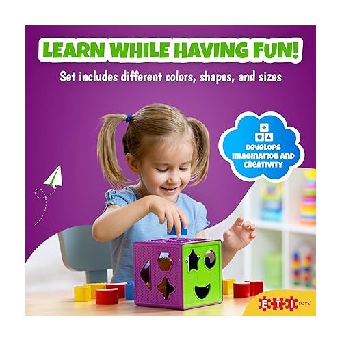  ETI Toys, 19 Piece Unique Educational Sorting & Matching Toy for Toddlers. Colorful Sorter Cube Box & Shapes, 100 Percent Safe, Promotes Fun Learning, Creativity & Skills Development