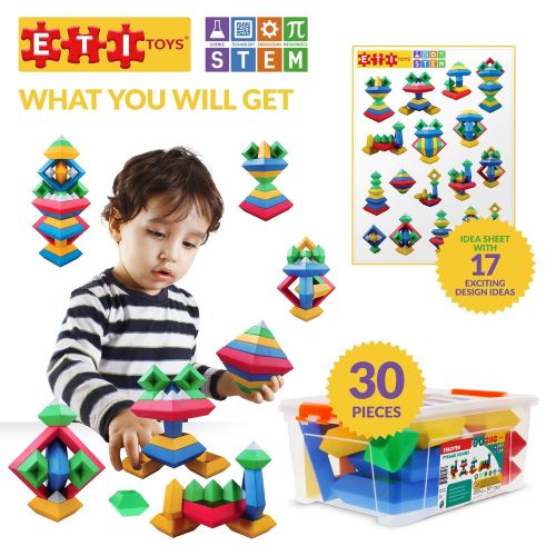  ETI Toys, STEM Learning, 30 Piece Stackem Pyramid. Build Tree, Owl, Lighthouse, Endless Designs. 100 Percent Non-Toxic, Fun, Creative Skills Development. Gift, Toy for 3, 4, 5 Year