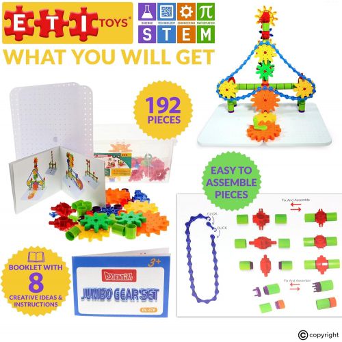  [아마존베스트]ETI Toys, STEM Learning, 192 Piece Jumbo Gears Set with Resizeable Interlocking Chain, Connector Pieces and 2 Pegboards. Build Endless Designs. Gift, Toy for 3, 4, 5 Year Old Boys