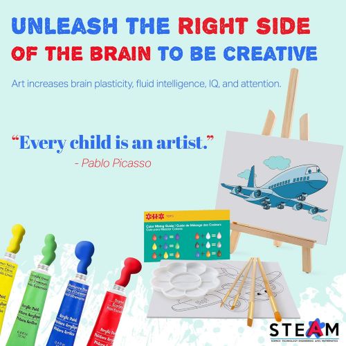  ETI Toys, 26 Piece Kids Art Painting Set with Wood Easel, 6 Airplanes and Helicopters Themed Canvases, 12 Color Acrylic Paints, 5 Paint Brushes, Palette. Arts Studio for Artist Chi