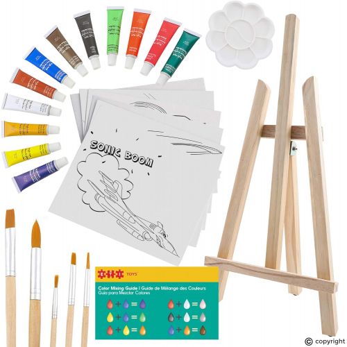  ETI Toys, 26 Piece Kids Art Painting Set with Wood Easel, 6 Airplanes and Helicopters Themed Canvases, 12 Color Acrylic Paints, 5 Paint Brushes, Palette. Arts Studio for Artist Chi