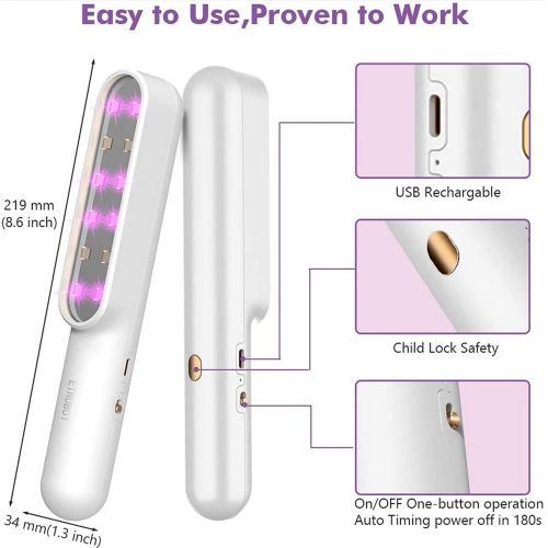  ETROBOT UV Light Sanitizer Portable UV-C Sterilizer Light Wand, Ultraviolet Disinfection Lamp 7W USB Charge Sanitizing Lights Handheld Home Hotel Toilet Car Pet (White)