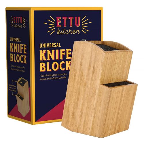  ETTU Kitchen Bamboo Universal Knife Block - Extra Large Two-tiered Slotless Wooden Knife Stand, Organizer & Holder - Convenient Safe Storage for Large & Small Knives & Utensils - Easy to Clean