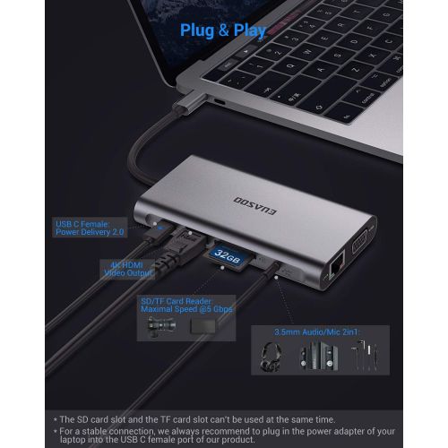  USB C Hub, USB C Adapter, EUASOO 10 in 1 Thunderbolt 3 hub 1000M RJ45 Ethernet, 4K HDMI, VGA, USB 3.0 Ports, PD 2.0 Charging Port, Card Reader, Audio Mic Port MacBook, Chromebook M