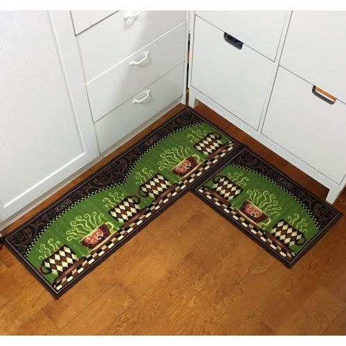  EUCH Non-slip Rubber Backing Carpet Kitchen Mat Doormat Runner Bathroom Rug 2 Piece Sets,15x47+15x23 (Green Cup)