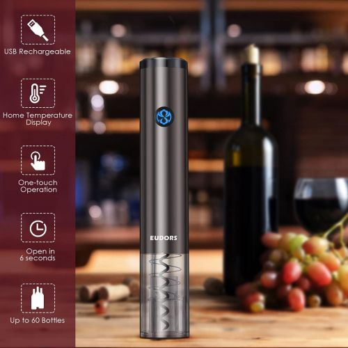  EUDORS Electric Wine Opener Rechargeable, Automatic Wine Bottle Opener Set with Foil Cutter Stopper, Battery Wine Corkscrew with Display, One-Touch, Stainless Steel, Black, Wine Lover Gif