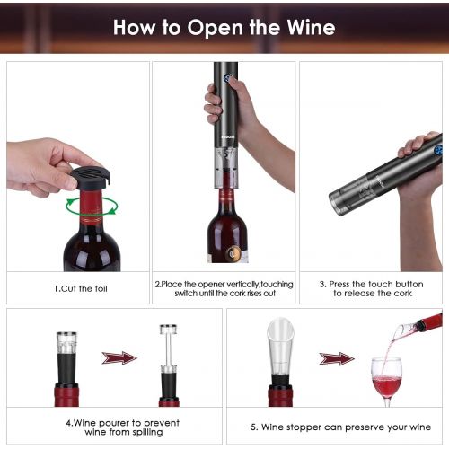  EUDORS Electric Wine Opener Rechargeable, Automatic Wine Bottle Opener Set with Foil Cutter Stopper, Battery Wine Corkscrew with Display, One-Touch, Stainless Steel, Black, Wine Lover Gif