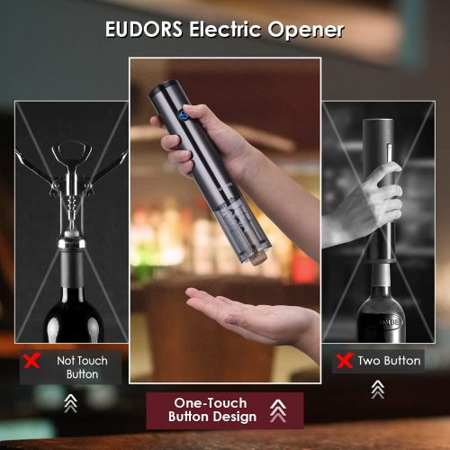  EUDORS Electric Wine Opener Rechargeable, Automatic Wine Bottle Opener Set with Foil Cutter Stopper, Battery Wine Corkscrew with Display, One-Touch, Stainless Steel, Black, Wine Lover Gif