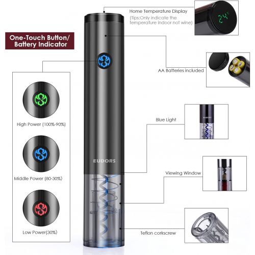  EUDORS Electric Wine Opener Rechargeable, Automatic Wine Bottle Opener Set with Foil Cutter Stopper, Battery Wine Corkscrew with Display, One-Touch, Stainless Steel, Black, Wine Lover Gif