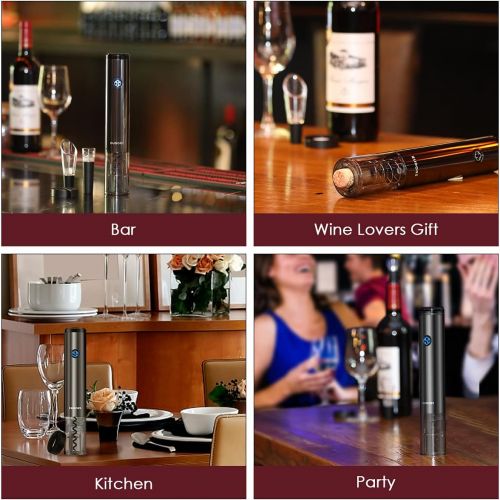  EUDORS Electric Wine Opener Rechargeable, Automatic Wine Bottle Opener Set with Foil Cutter Stopper, Battery Wine Corkscrew with Display, One-Touch, Stainless Steel, Black, Wine Lover Gif