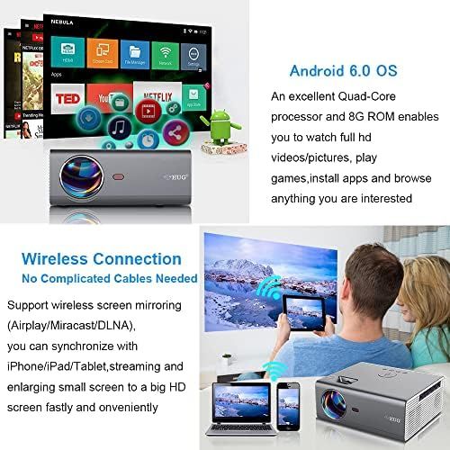  EUG HD Smart WiFi Bluetooth Portable Projector, Mini LED Wireless Video Projector with Speaker Keystone Digital HDMI USB, Media Player Home Outdoor Projector for iOS Android DVD Game C